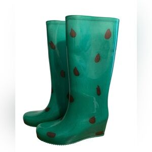 Rare Tsumori Chisato Green Cat Long Wedge Rain Boots Size (L) Large READ